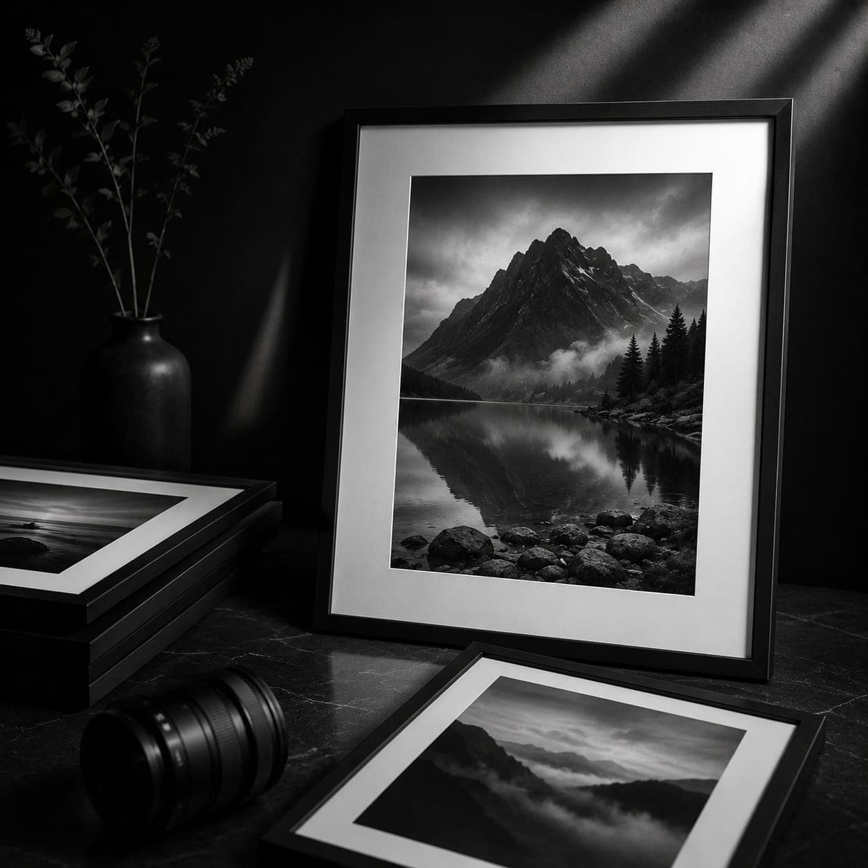 A black picture frame holding three photographs, hung on a wall