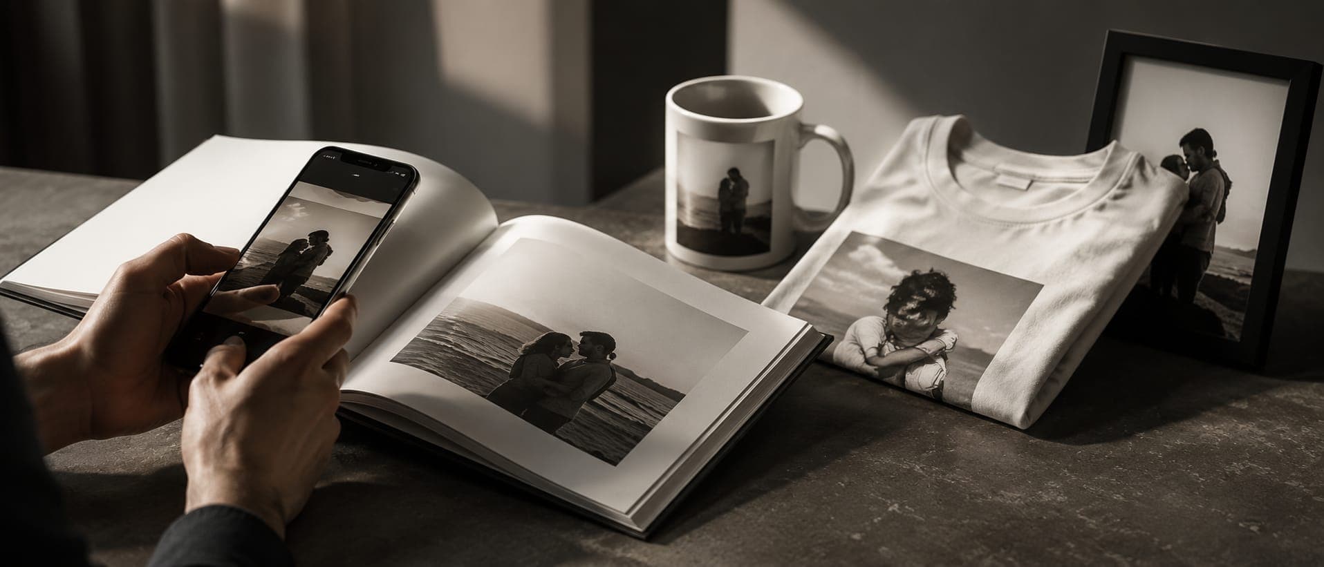 A printed hardback photo book with a family photo on the cover, held open