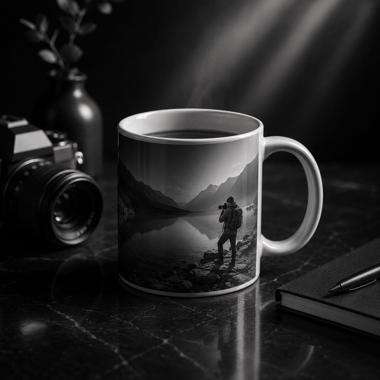 A white ceramic mug on a wooden table