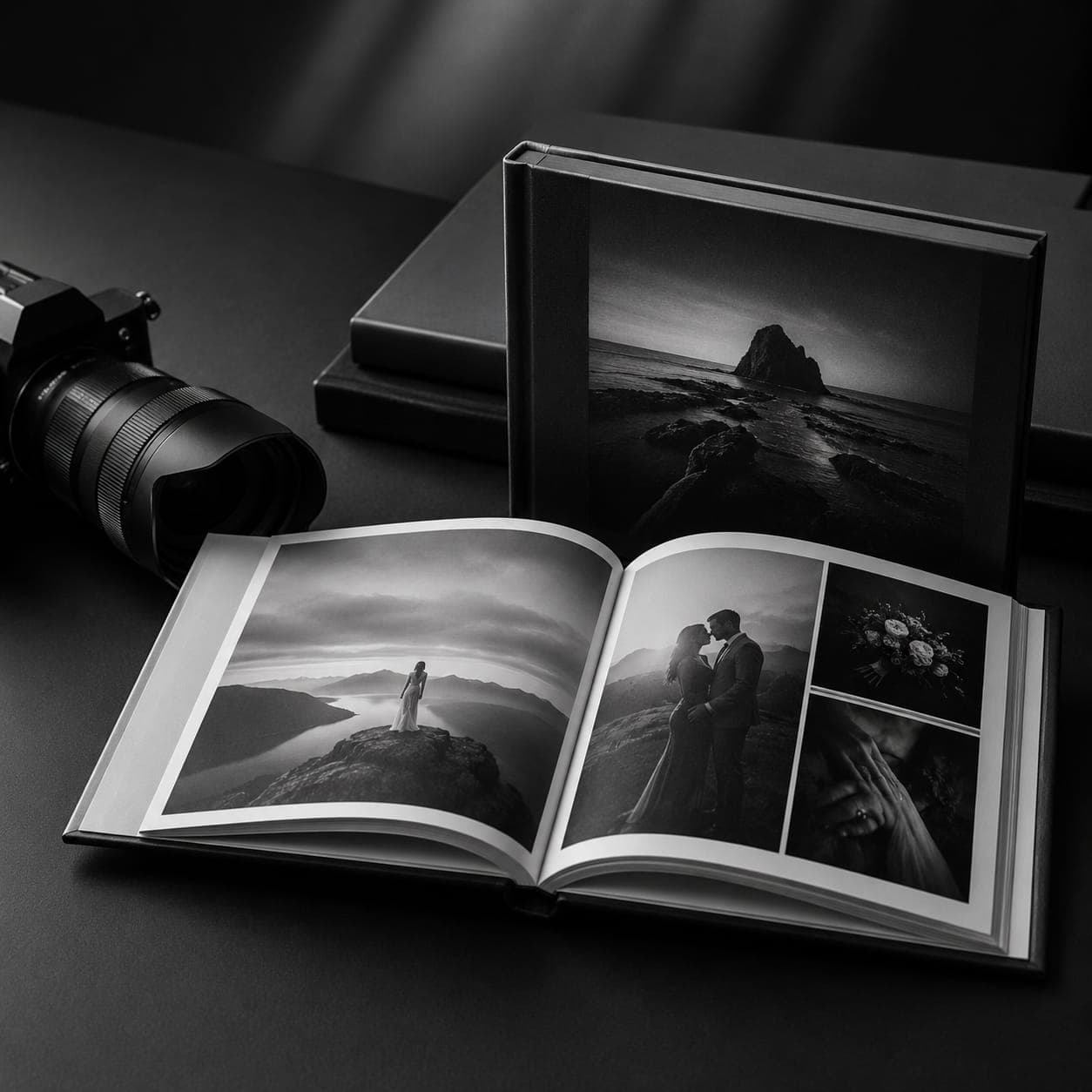 A stack of printed hardback photo books on a desk