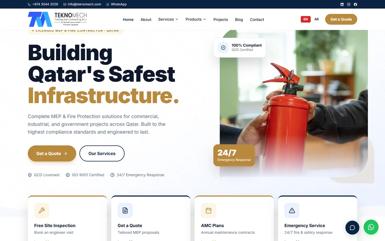 Teknomech website: "Building Qatar's Safest Infrastructure" — MEP and fire protection services, projects and quote requests