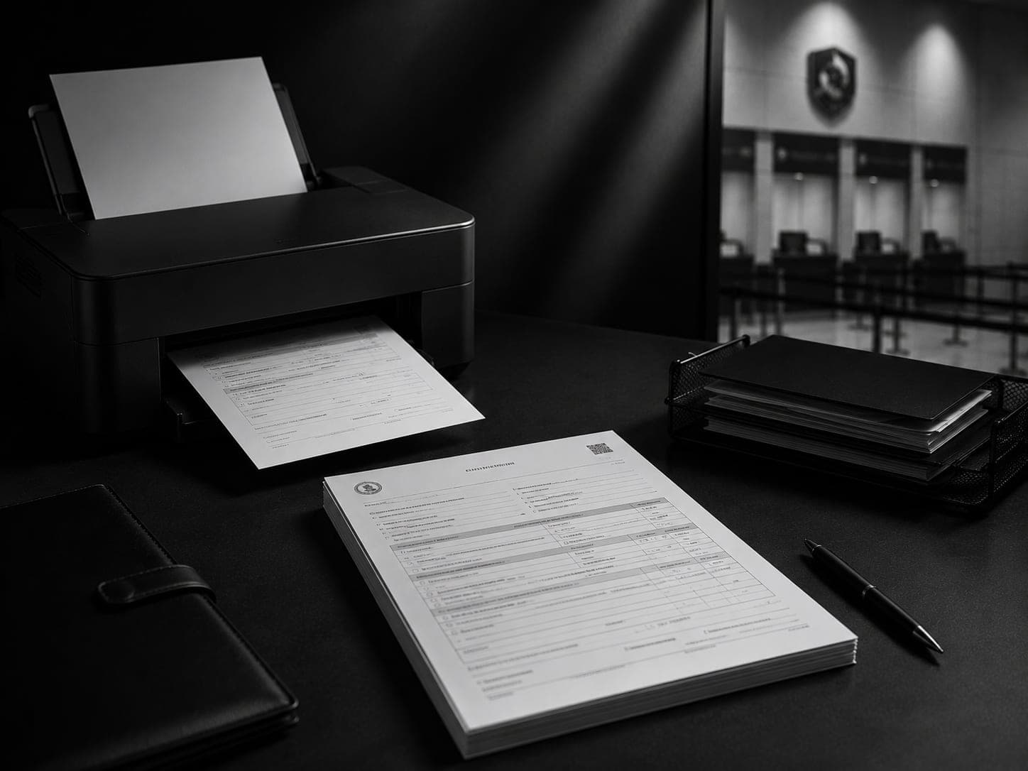 A printed government form on a desk beside a printer, with a ministry service counter visible in the background