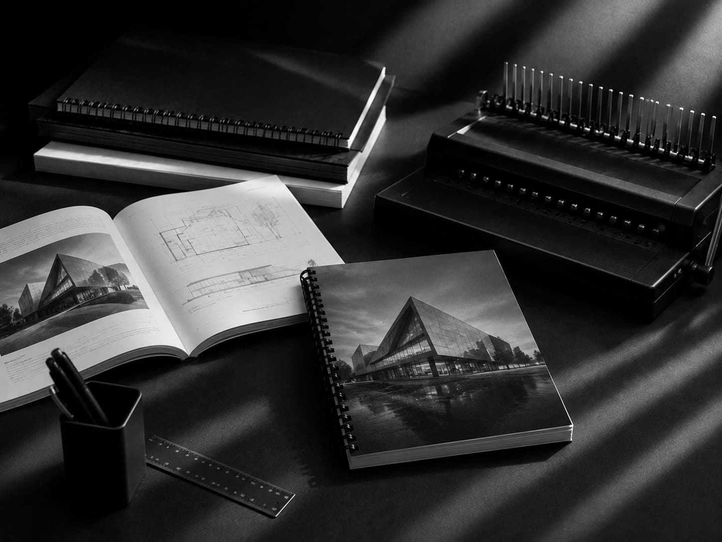 Spiral-bound student project books with an architectural project cover, beside a binding machine