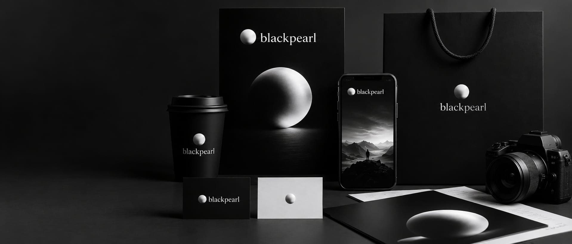 Placeholder — branding and poster design laid out on a table