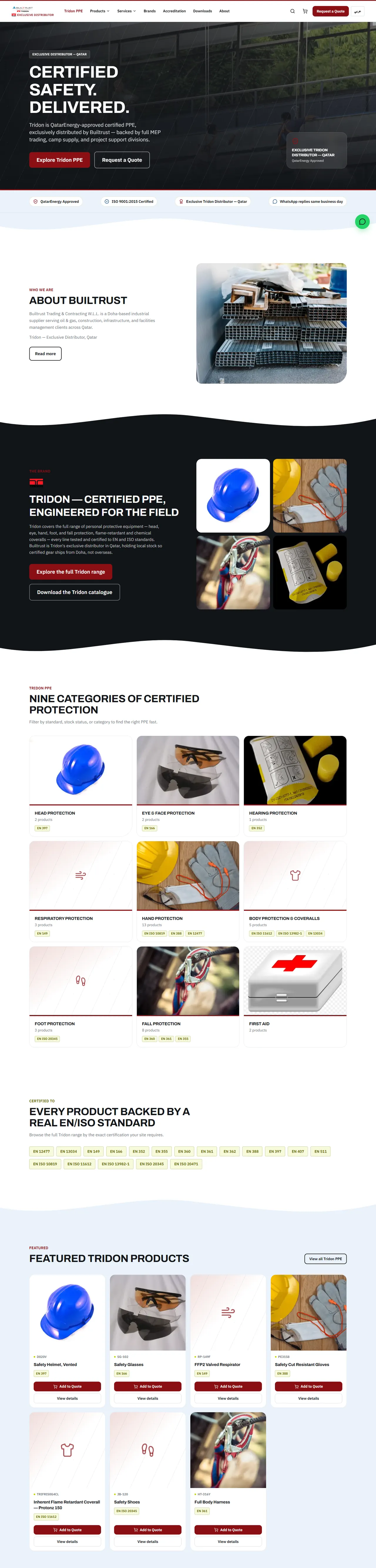 Builtrust website: "Certified Safety. Delivered." — Tridon certified PPE catalogue by protection category