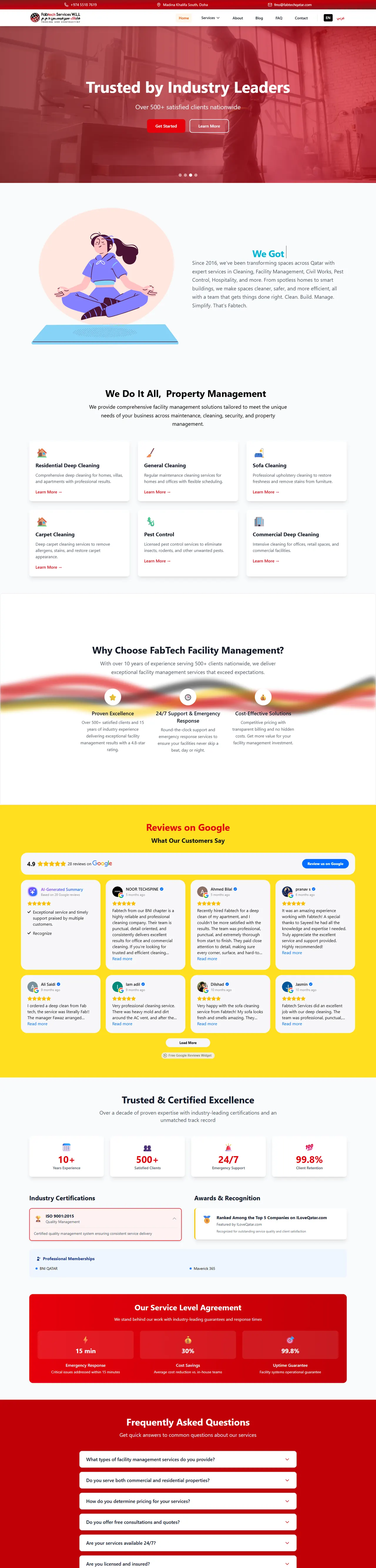 Fabtech Qatar website: "Trusted by Industry Leaders" — facility management and cleaning services with Google reviews