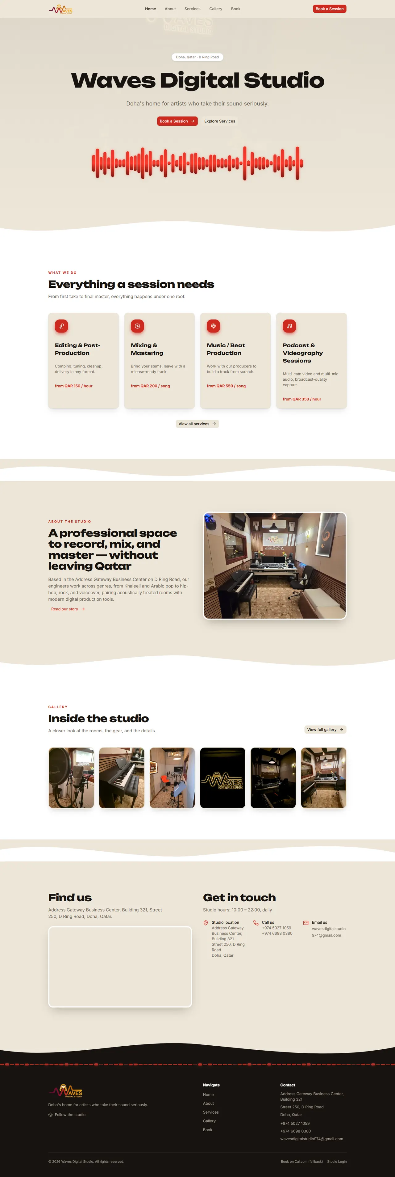Waves Digital Studio website: studio services, the space, a gallery of the rooms and booking